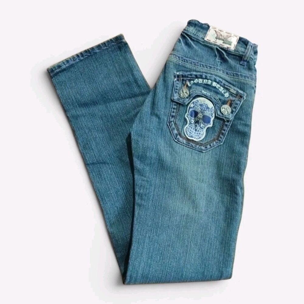 Vintage Laguna Beach Skull Flap Thick Stitch Y2K Jeans Size 26